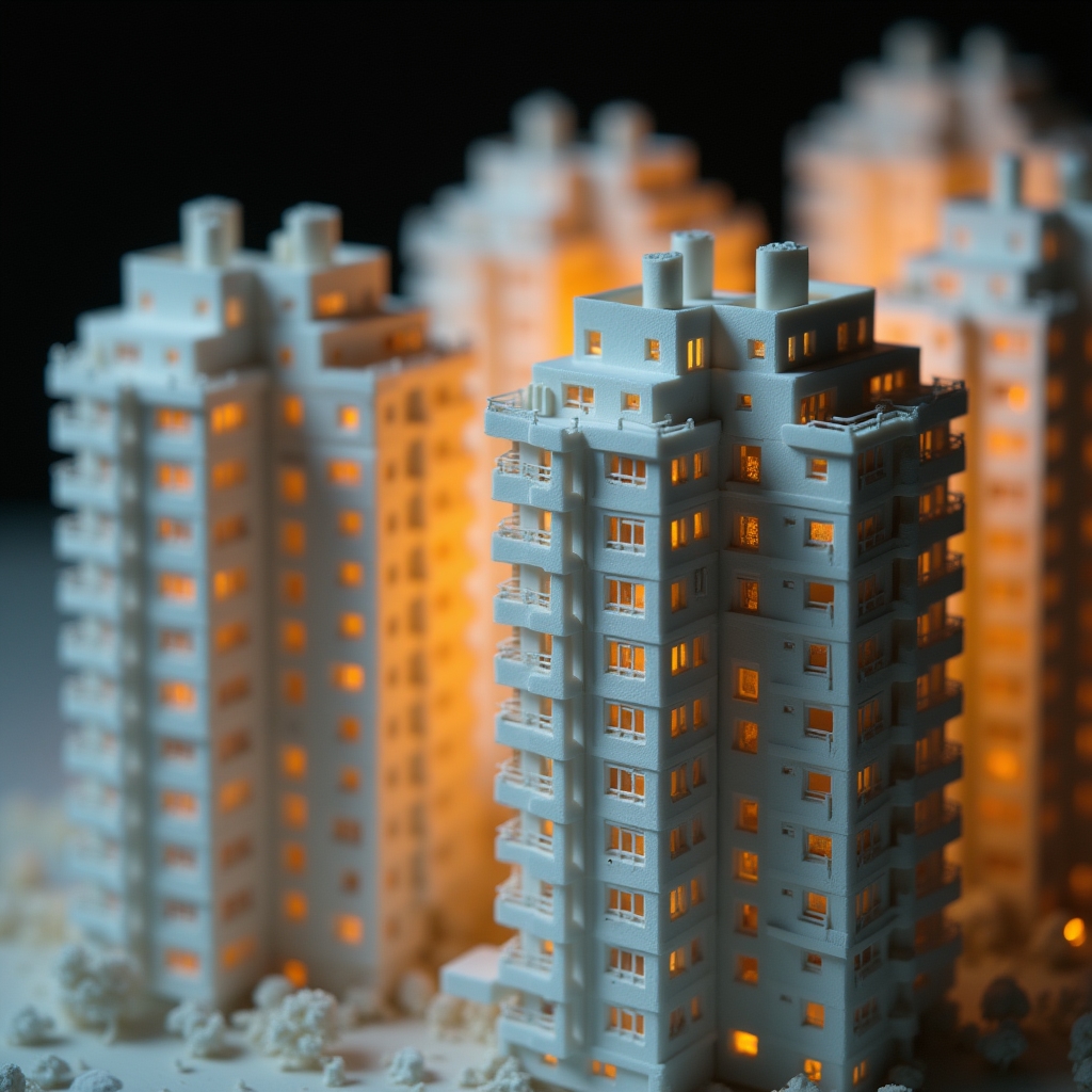 Close-up of a detailed architectural scale model showing individual building units and landscaping
