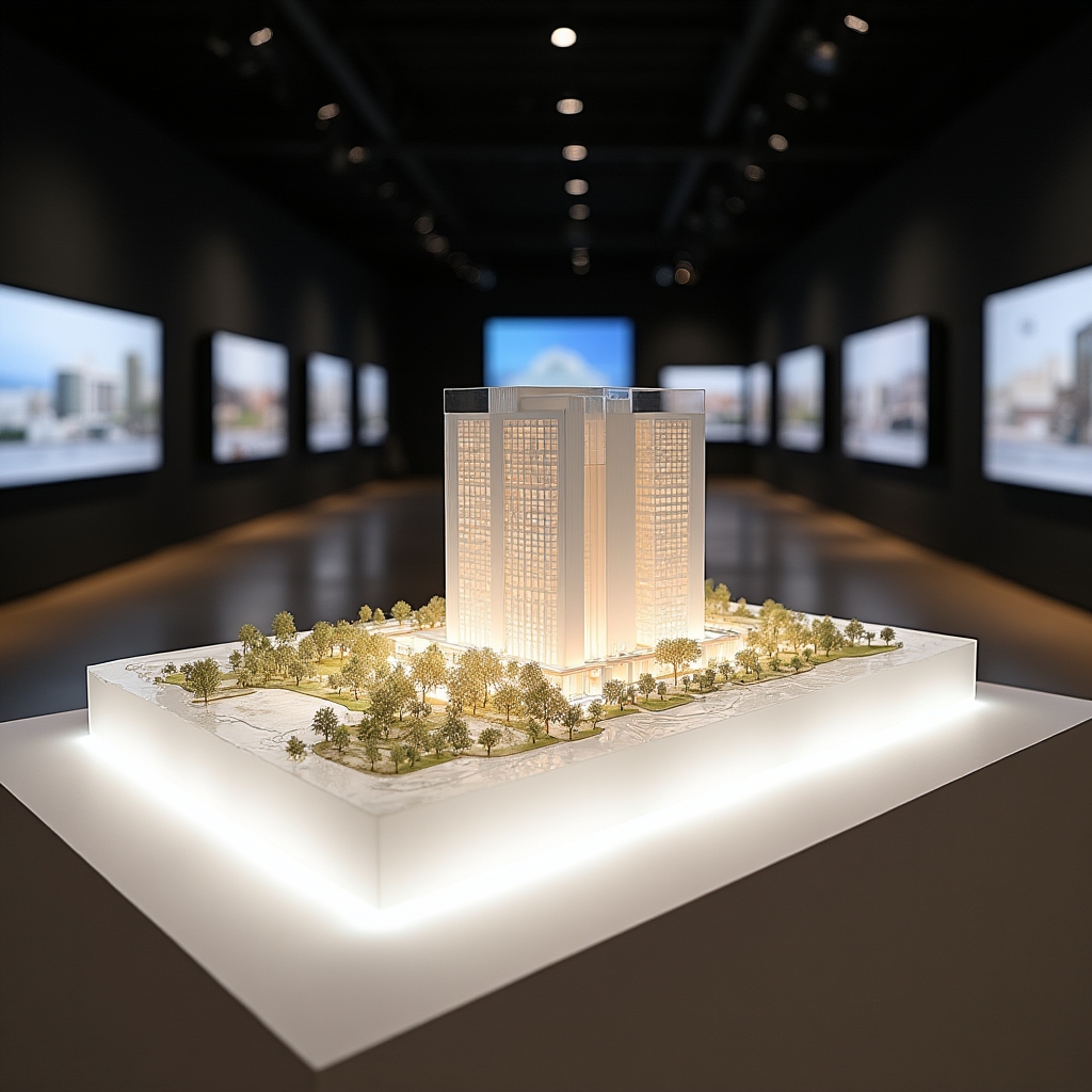 Finished architectural scale model on display in a real estate sales room with professional lighting