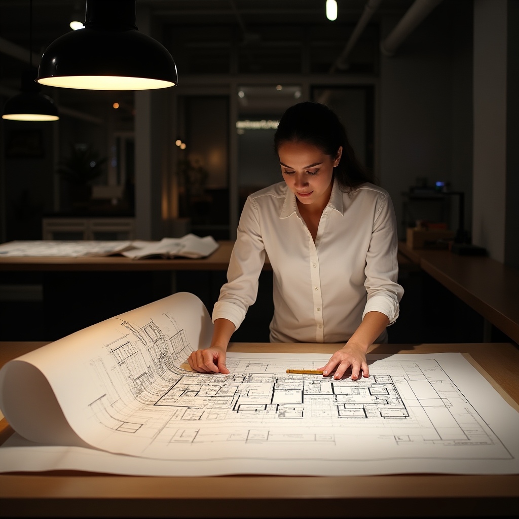 Wide-format architectural plan being printed on professional large-format printer in production studio