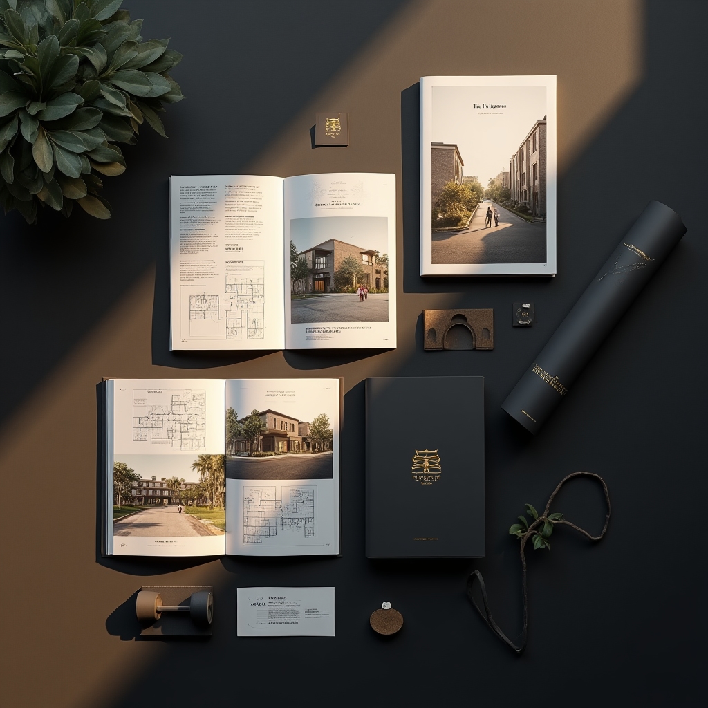 Complete real estate presentation kit laid out showing brochures, floor plan booklets and branded folder