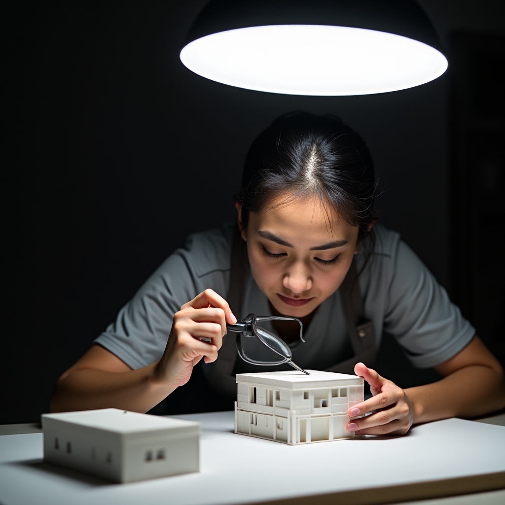 Production team member carefully inspecting a finished scale model for quality control before packaging and dispatch