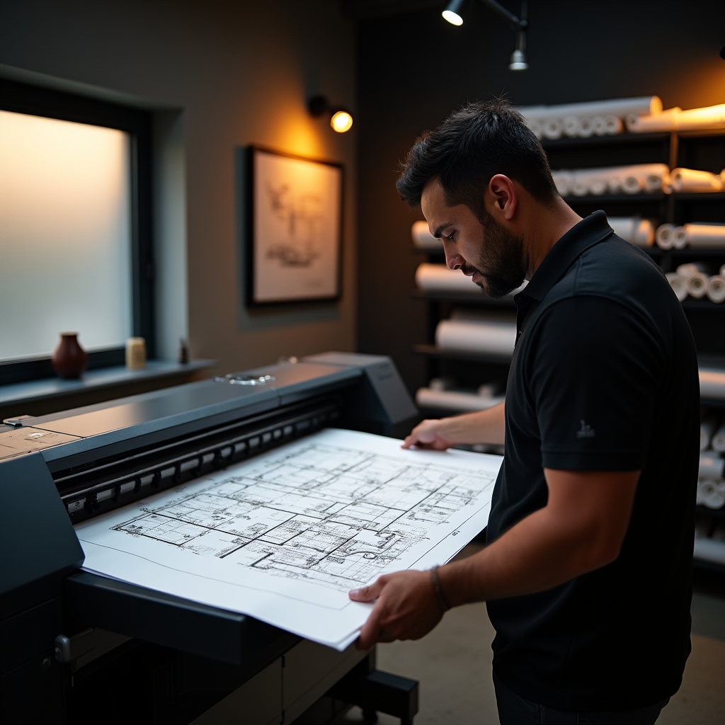 Professional large-format printing workshop with wide-format printer producing architectural plans
