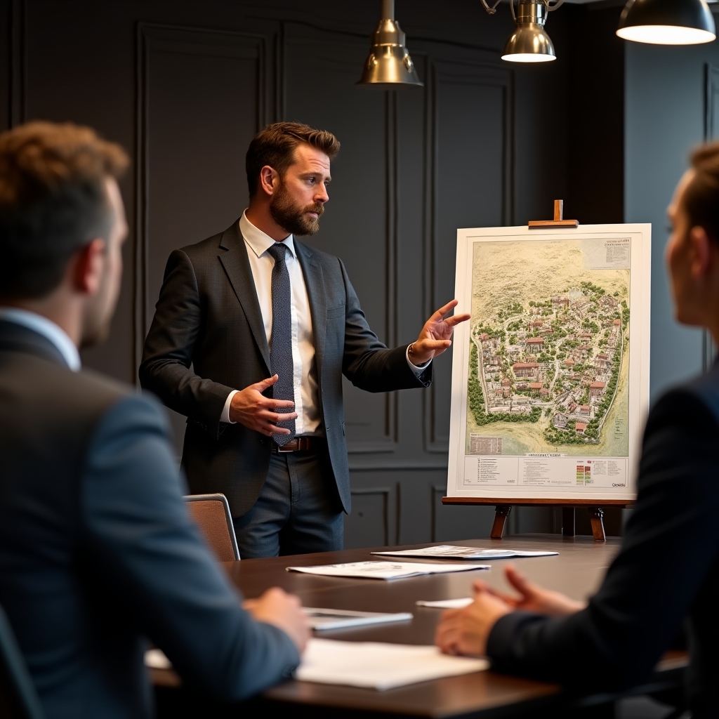 Professional real estate broker presenting project materials including printed plans and scale model to clients in modern office