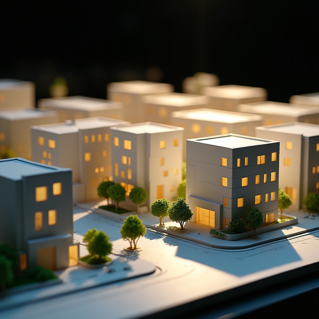 Detailed architectural scale model of a residential development with precise building representations