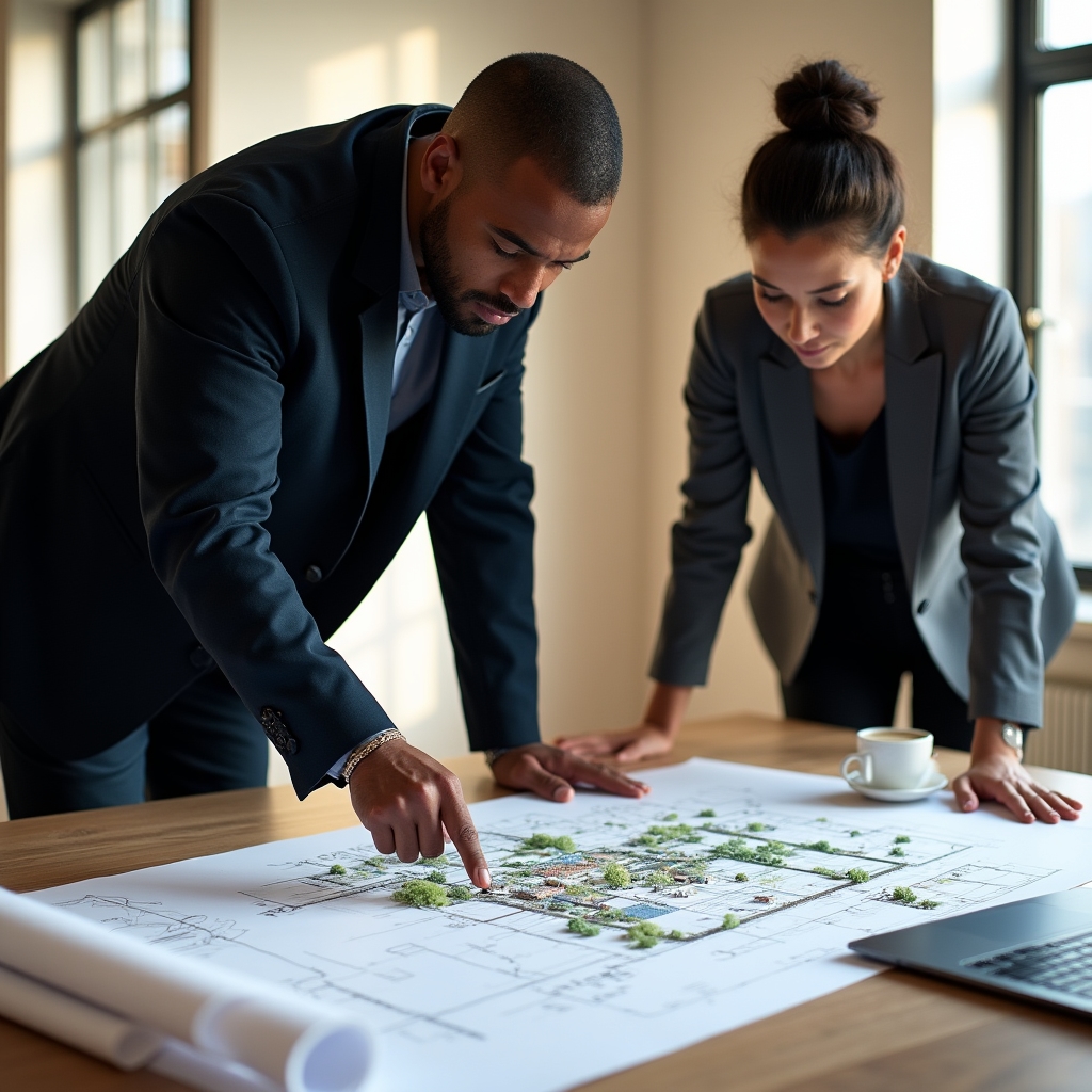 Two professionals reviewing large architectural plans laid out on a table in a professional office environment